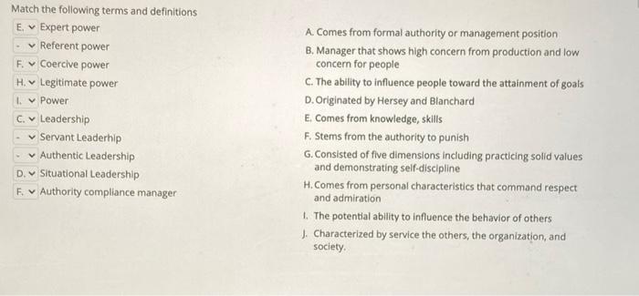 please answer Match the following terms and