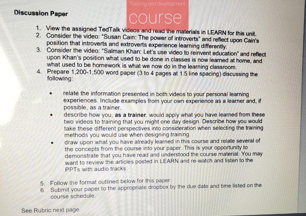 Training and development Discussion Paper course