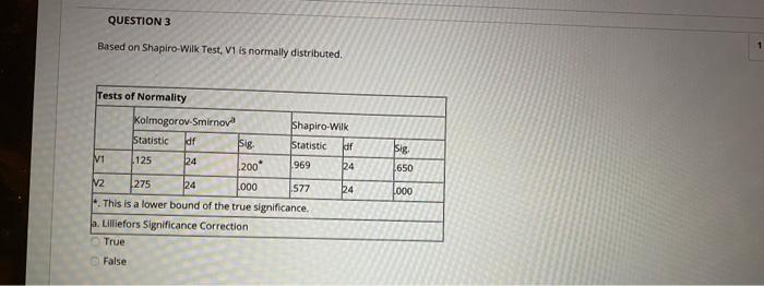 QUESTION 3 Based on Shapiro Wilk Test, V1 is