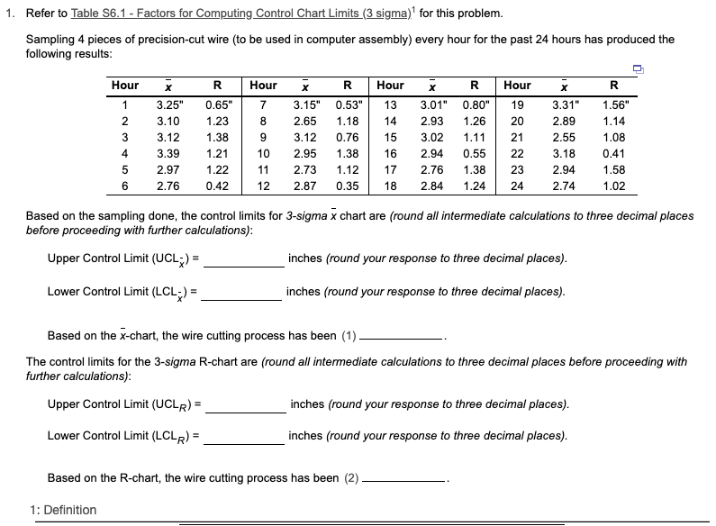 1. Refer to Table 56.1 - Factors for Computing