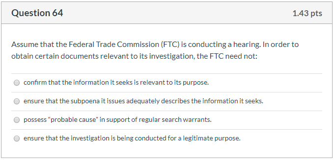 Question 64 1.43 pts Assume that the Federal