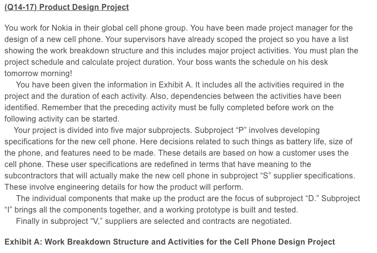(Q14-17) Product Design Project You work for