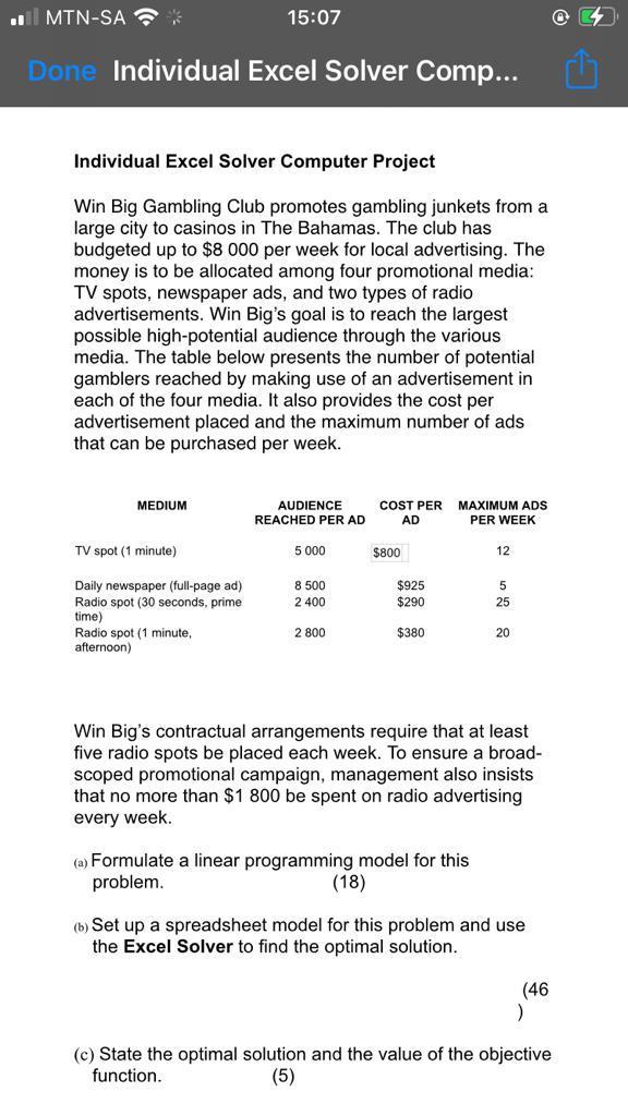 . MTN-SA * 15:07 Done Individual Excel Solver
