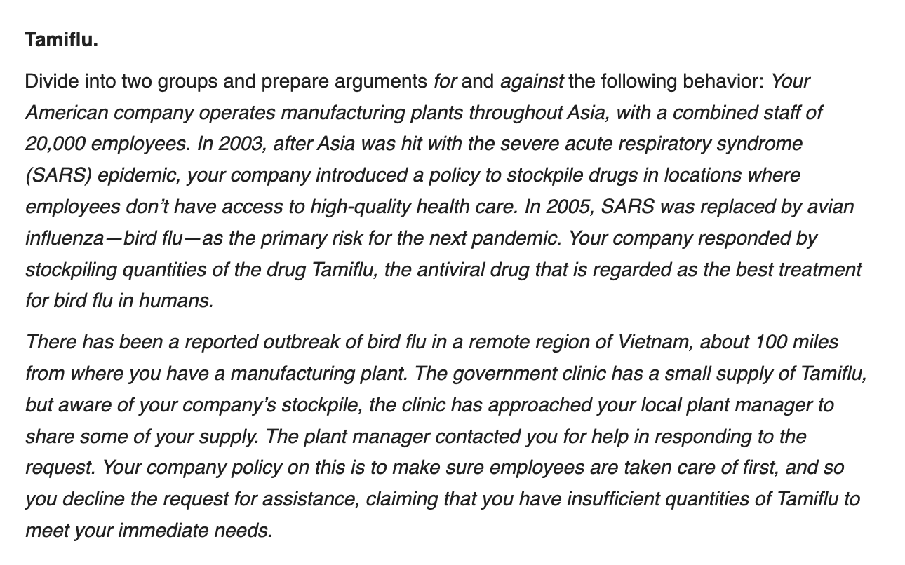Tamiflu. Divide into two groups and prepare