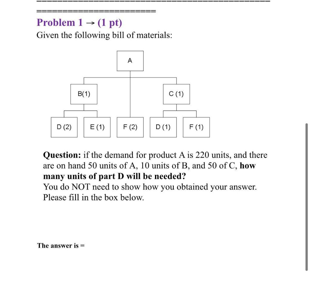 Problem 1 (1 pt) Given the following bill of