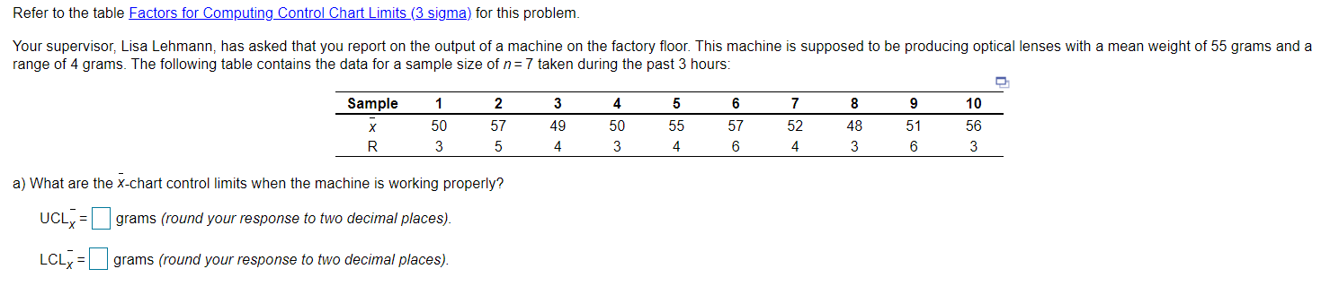 Refer to the table Factors for Computing Control