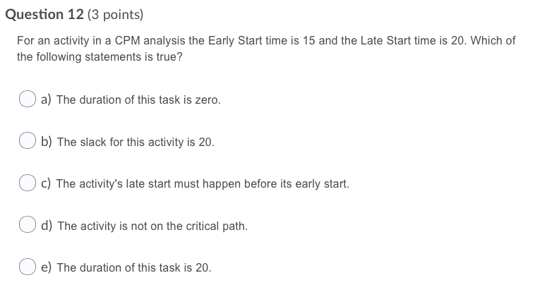 Question 12 (3 points) For an activity in a CPM