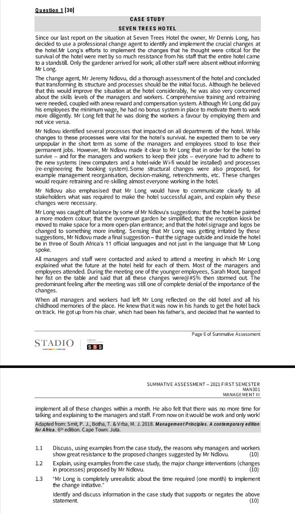 Question 1 (301 CASE STUDY SEVEN TREES HOTEL