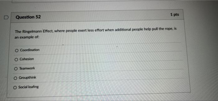 D Question 52 1 pts The Ringelmann Effect, where