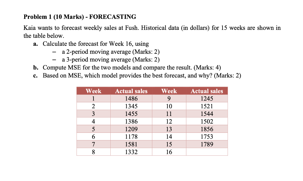 Problem 1 (10 Marks) - FORECASTING Kaia wants to
