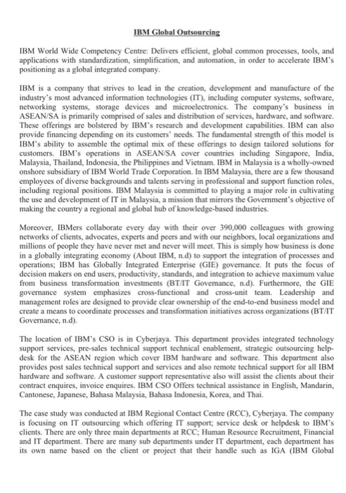 IBM Global Outsourcing IBM World Wide Competency