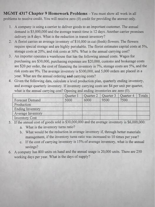 MGMT 4317 Chapter 9 Homework Problems - You must