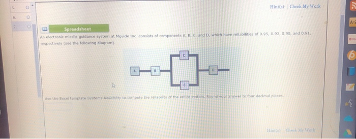 5. Hint(s) Check My Work 6 7 . Spreadsheet An