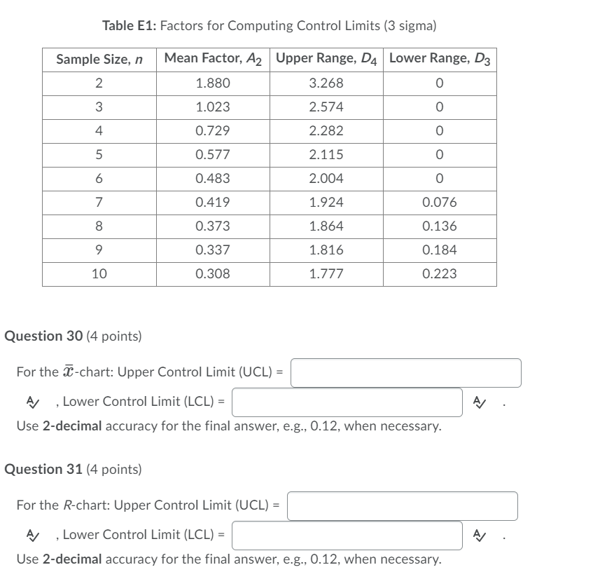 Table E1: Factors for Computing Control Limits (3