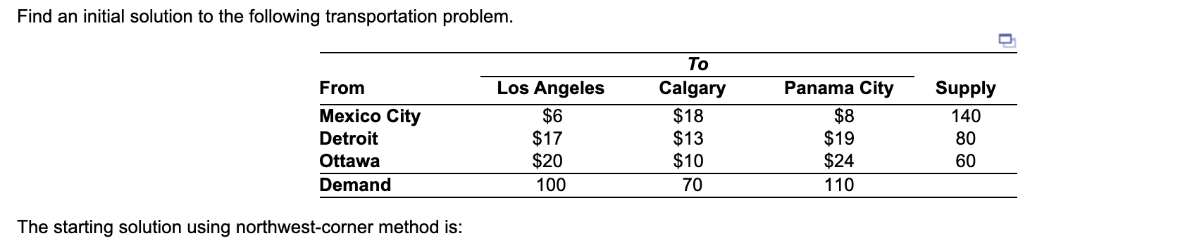 Find an initial solution to the following