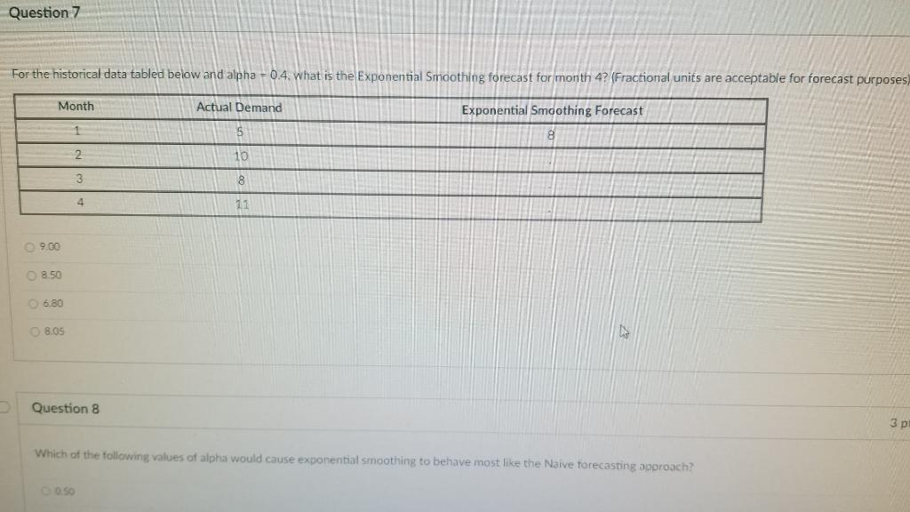 Question 7 For the historical data tabled below