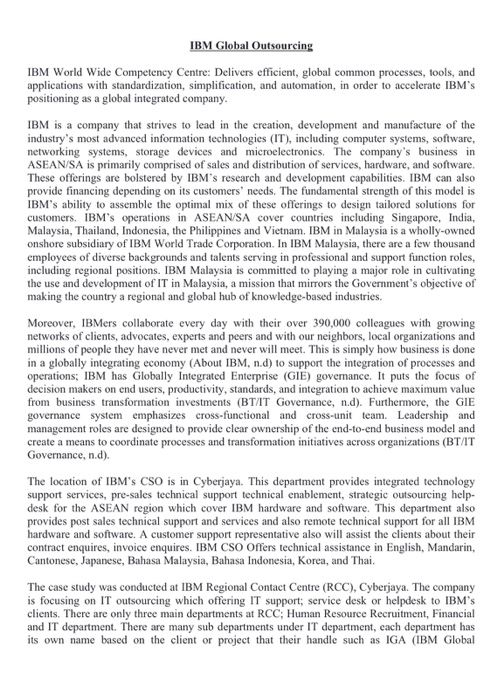 IBM Global Outsourcing IBM World Wide Competency