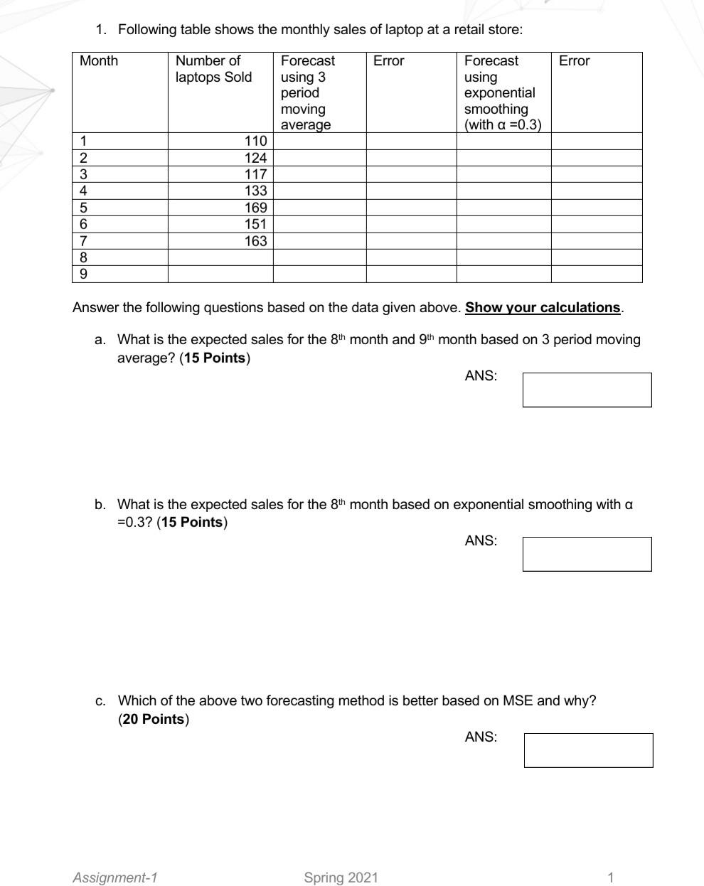1. Following table shows the monthly sales of