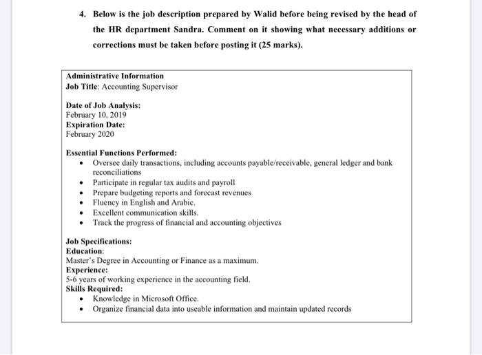 4. Below is the job description prepared by Walid