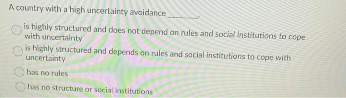 A country with a high uncertainty avoidance is