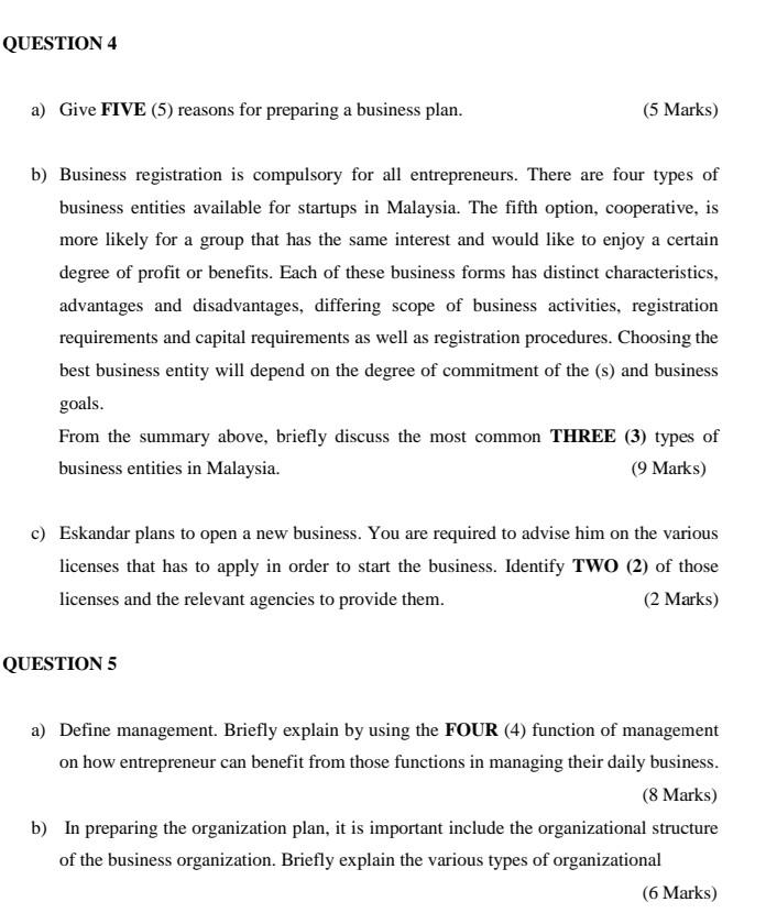 QUESTION 4 a) Give FIVE (5) reasons for preparing