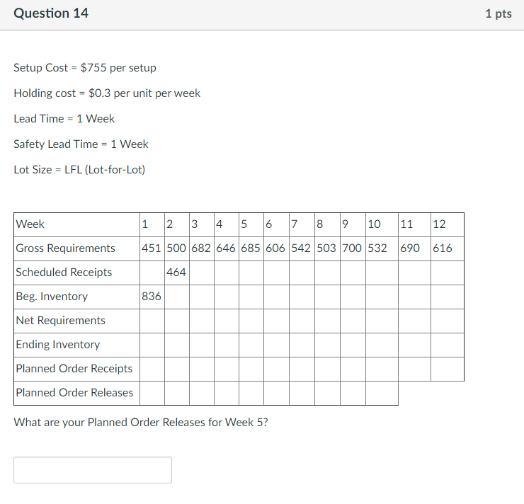 Question 14 1 pts Setup Cost = $755 per setup