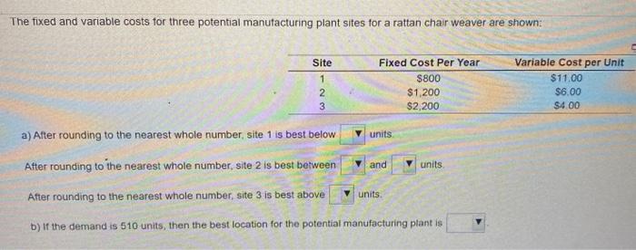 The fixed and variable costs for three potential