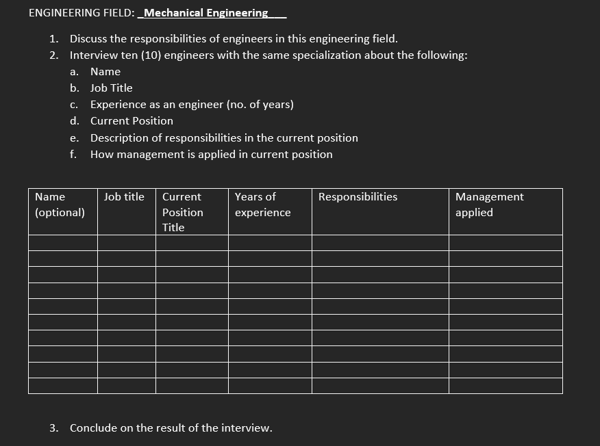 Complete the table ENGINEERING FIELD:_Mechanical