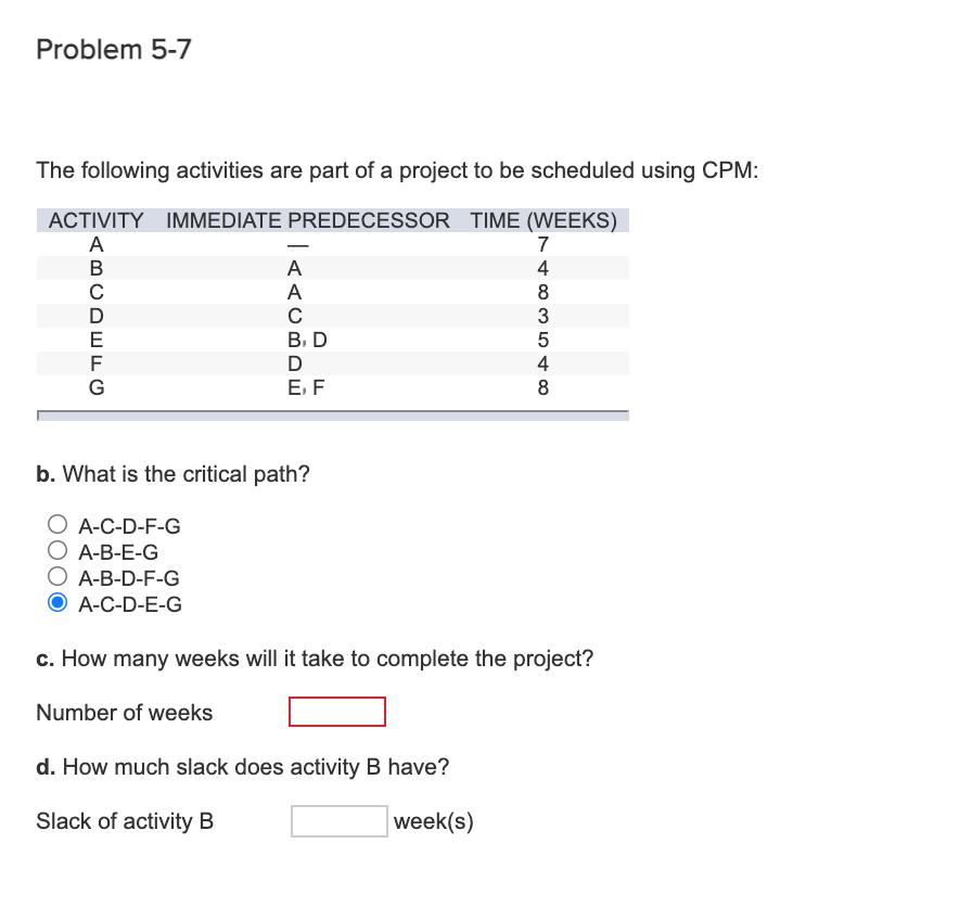 Problem 5-7 The following activities are part of