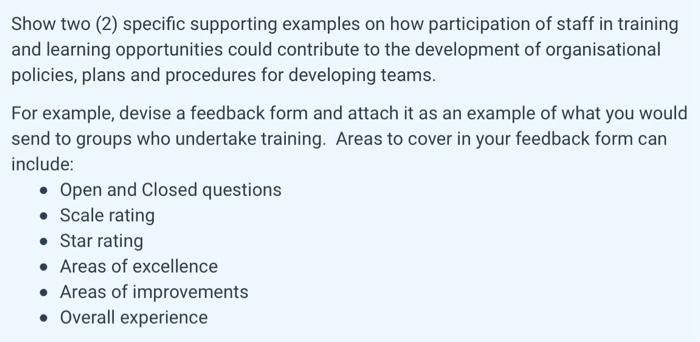 Show two (2) specific supporting examples on how