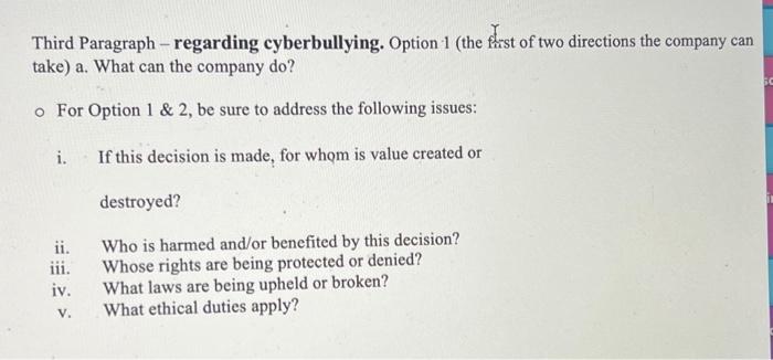 Third Paragraph regarding cyberbullying. Option 1