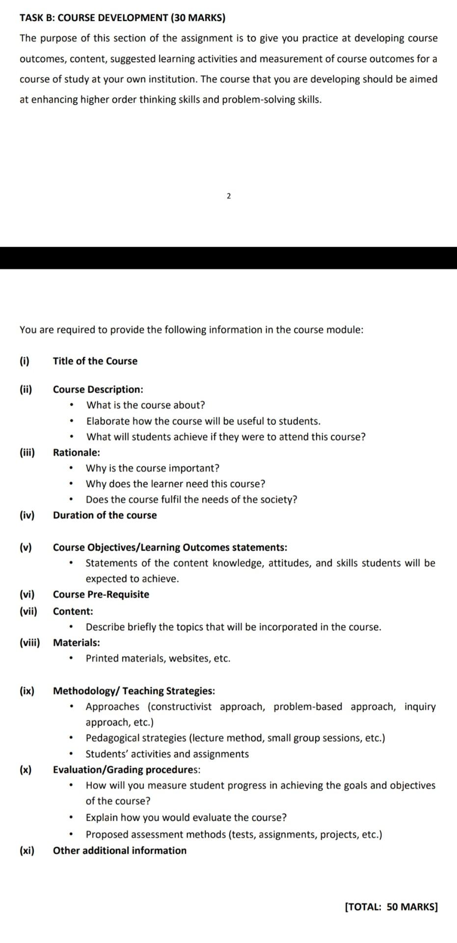 TASK B: COURSE DEVELOPMENT (30 MARKS) The purpose