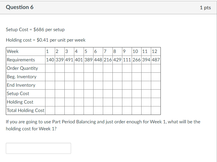 Question 6 1 pts Setup Cost = $686 per setup