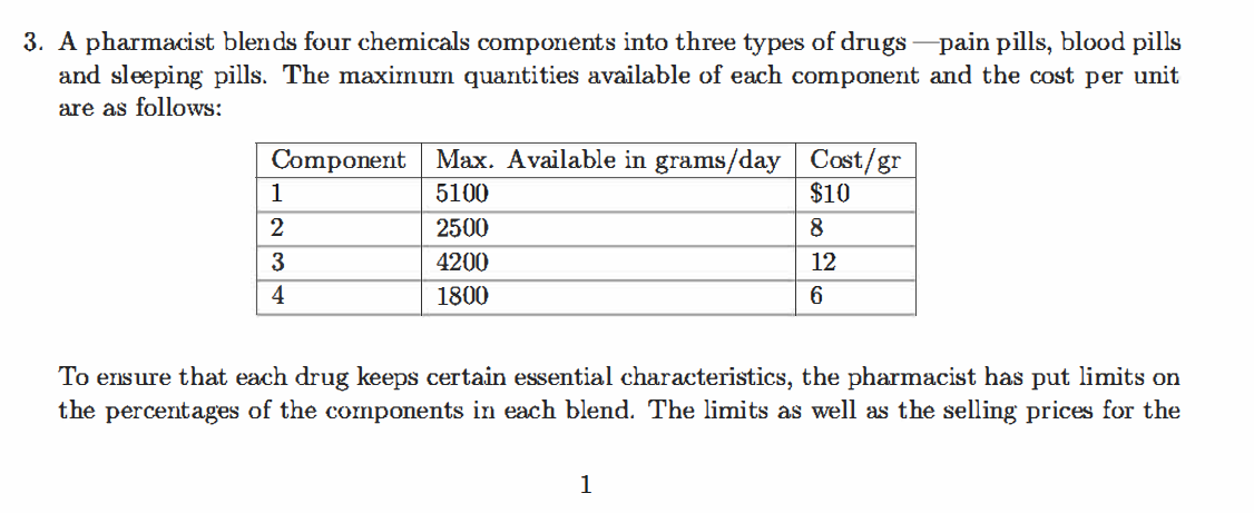 3. A pharmacist blends four chemicals components