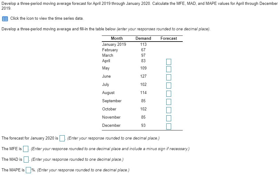 Develop a three-period moving average forecast