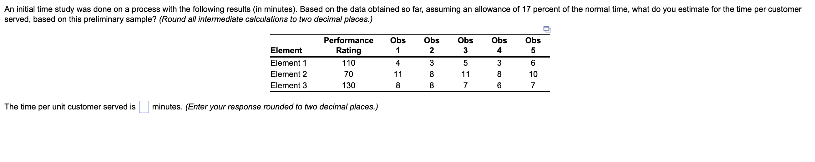 An initial time study was done on a process with