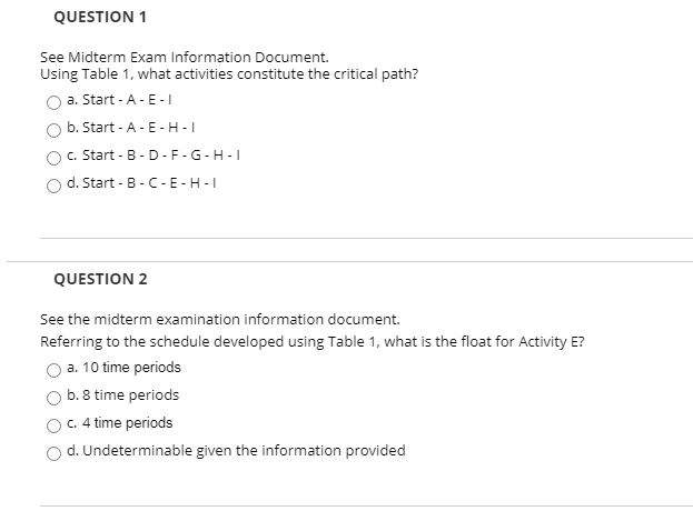 QUESTION 1 See Midterm Exam Information Document