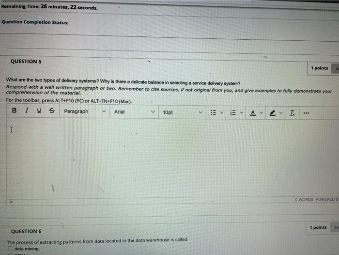 question 5 Remaining Time: 26 minutes, 22