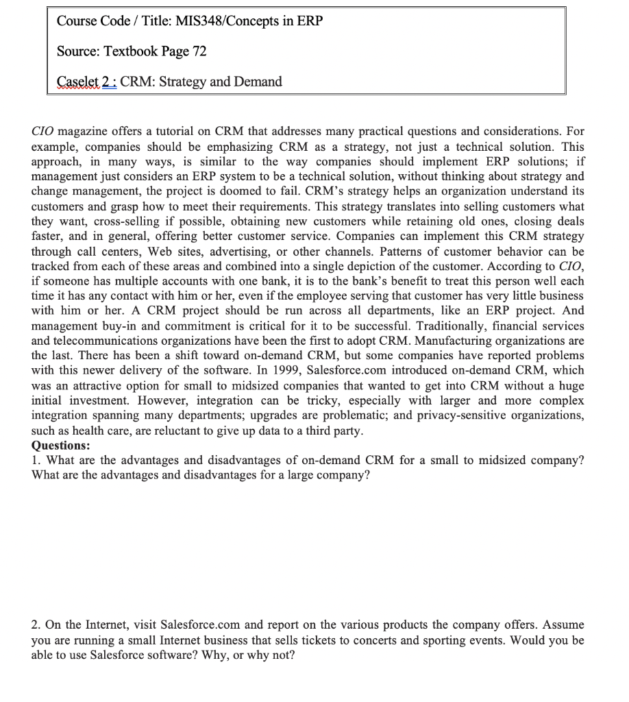 Course Code / Title: MIS348/Concepts in ERP