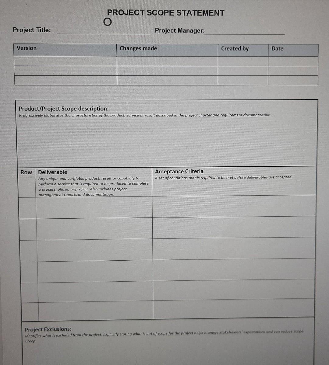 Create the scope statement for tha above given