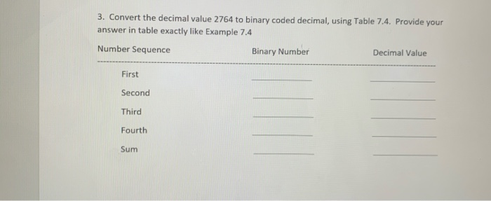thanks 3. Convert the decimal value 2764 to