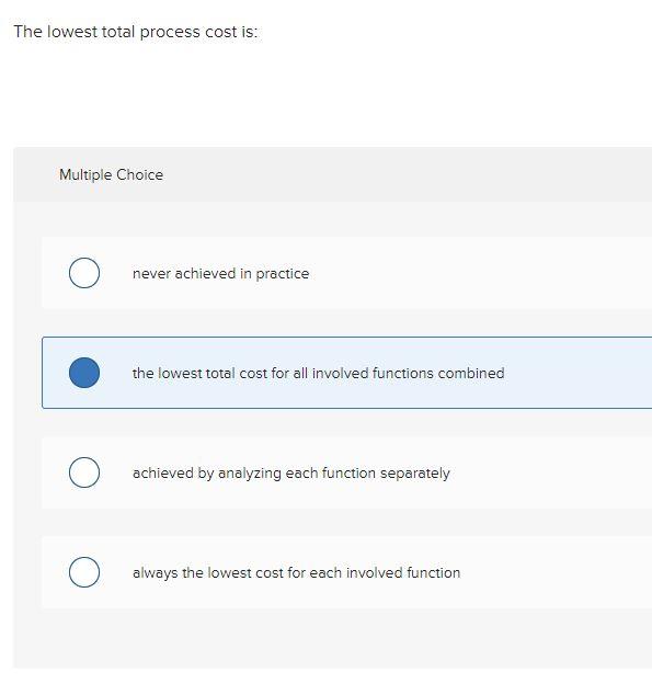 The lowest total process cost is: Multiple Choice