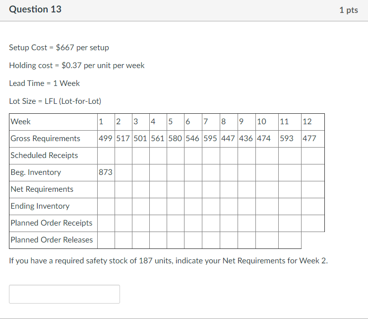 Question 13 1 pts Setup Cost = $667 per setup
