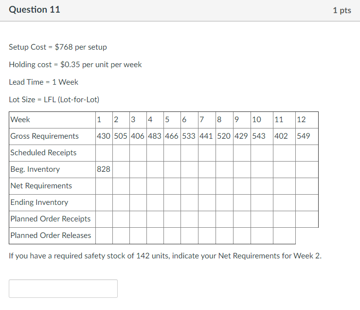 Question 11 1 pts Setup Cost = $768 per setup