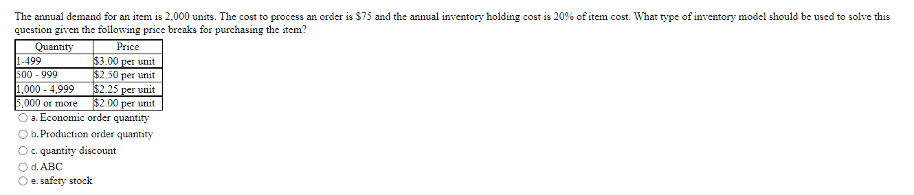 The annual demand for an item is 2.000 units. The