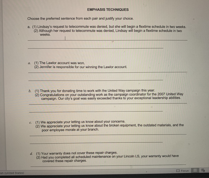 help!!! EMPHASIS TECHNIQUES Choose the preferred