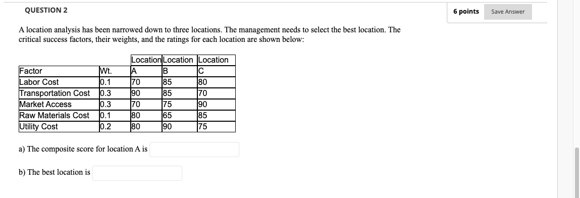 QUESTION 2 6 points Save Answer A location