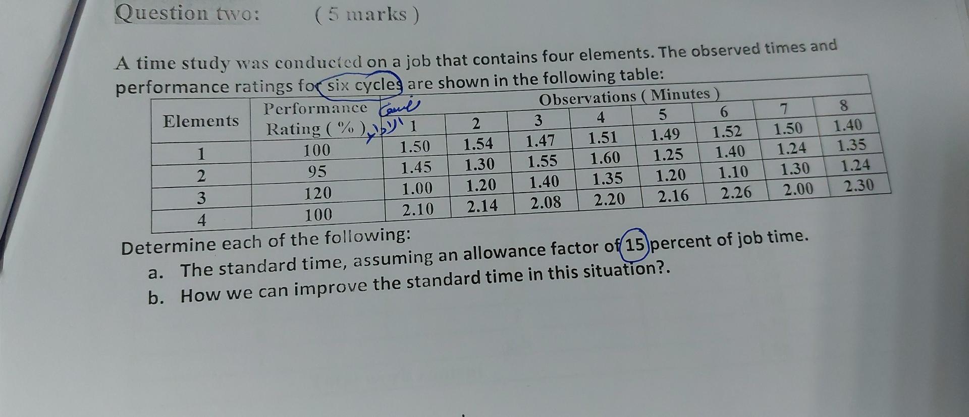 Question two: (5 marks) A time study was