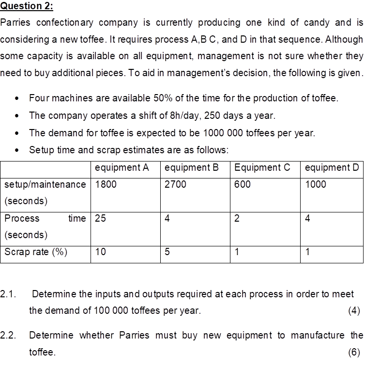 Question 2: Parries confectionary company is