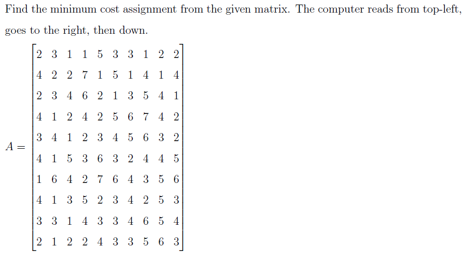 Find the minimum cost assignment from the given